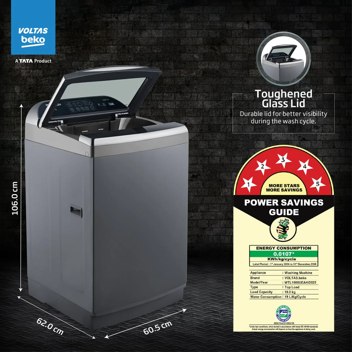 10 Kg 5 Star Fully-Automatic Top Loading Washing Machine (WTL1006UEAH/OBS3060, Dark Grey, Inbuilt Heater) , Voltas Beko, A Tata Product - Image 3