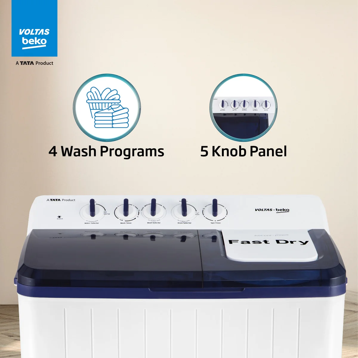 10 Kg 5 Star Semi-Automatic Top Load Washing Machine (WTT100UPA/GR5KPTD, Grey, Special pulsator and Double waterfall Technology) , Voltas Beko, A Tata Product - Image 4