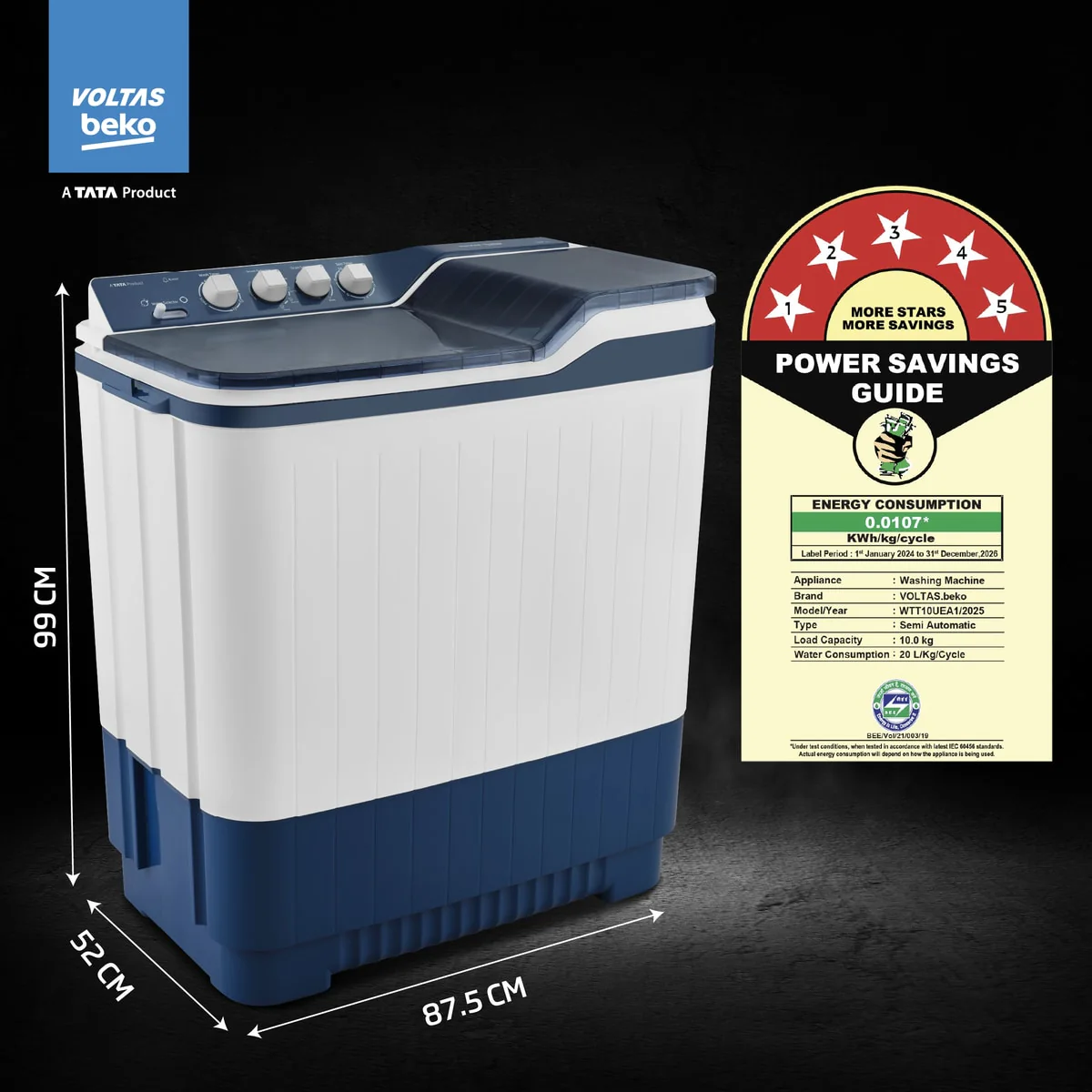 10 Kg Semi Automatic Washing Machine ( WTT10UEA,Blue) , Voltas Beko, A Tata Product - Image 3