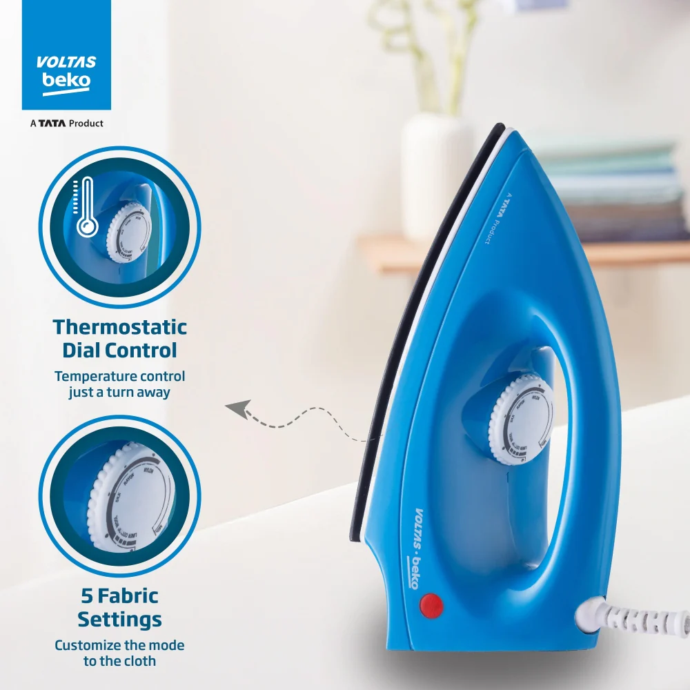 1000 W Dry Iron (I1000VD-BU, Blue, with Crease-busting Greblon Soleplate) , Voltas Beko, A Tata Product - Image 4