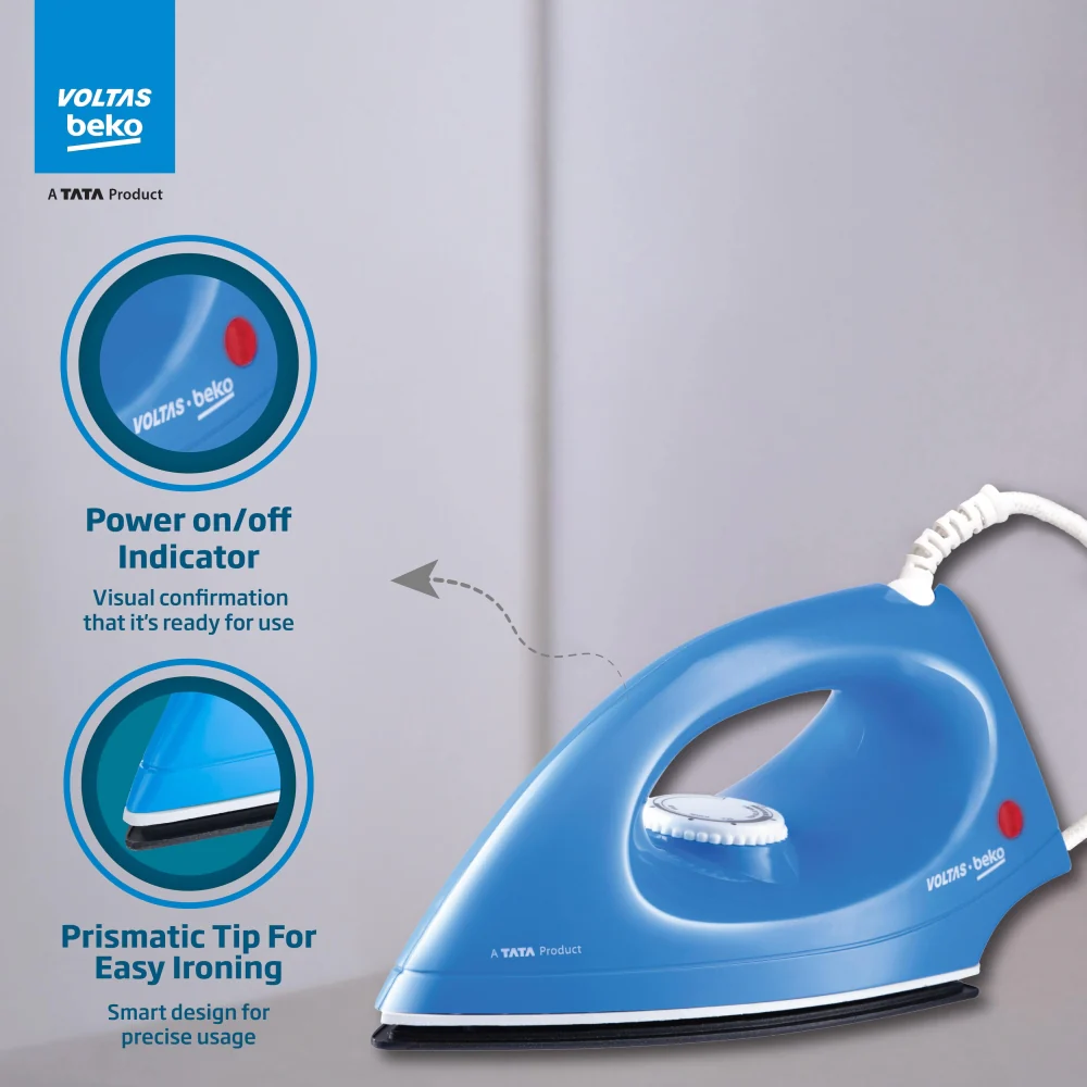 1000 W Dry Iron (I1000VD-BU, Blue, with Crease-busting Greblon Soleplate) , Voltas Beko, A Tata Product - Image 5