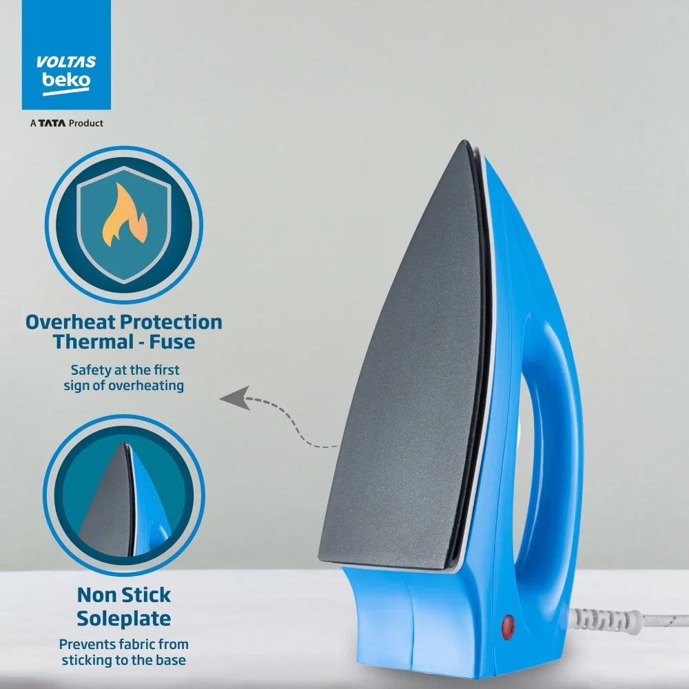 1000 W Dry Iron (I1000VD-BU, Blue, with Crease-busting Greblon Soleplate) , Voltas Beko, A Tata Product - Image 6