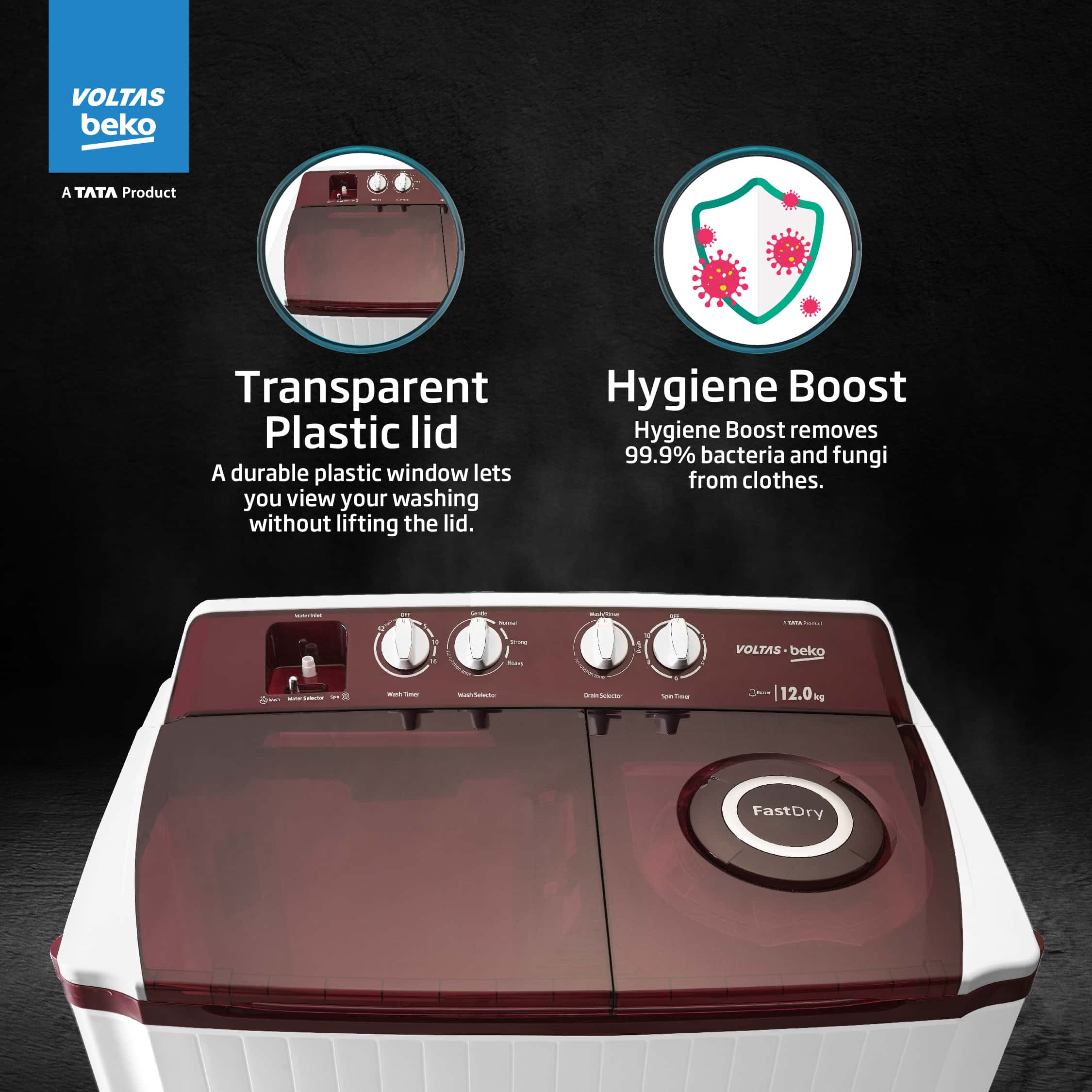 12 Kg 5 Star Semi Automatic Washing Machine (WTT120ABRT, Burgundy) , Voltas Beko, A Tata Product - Image 8