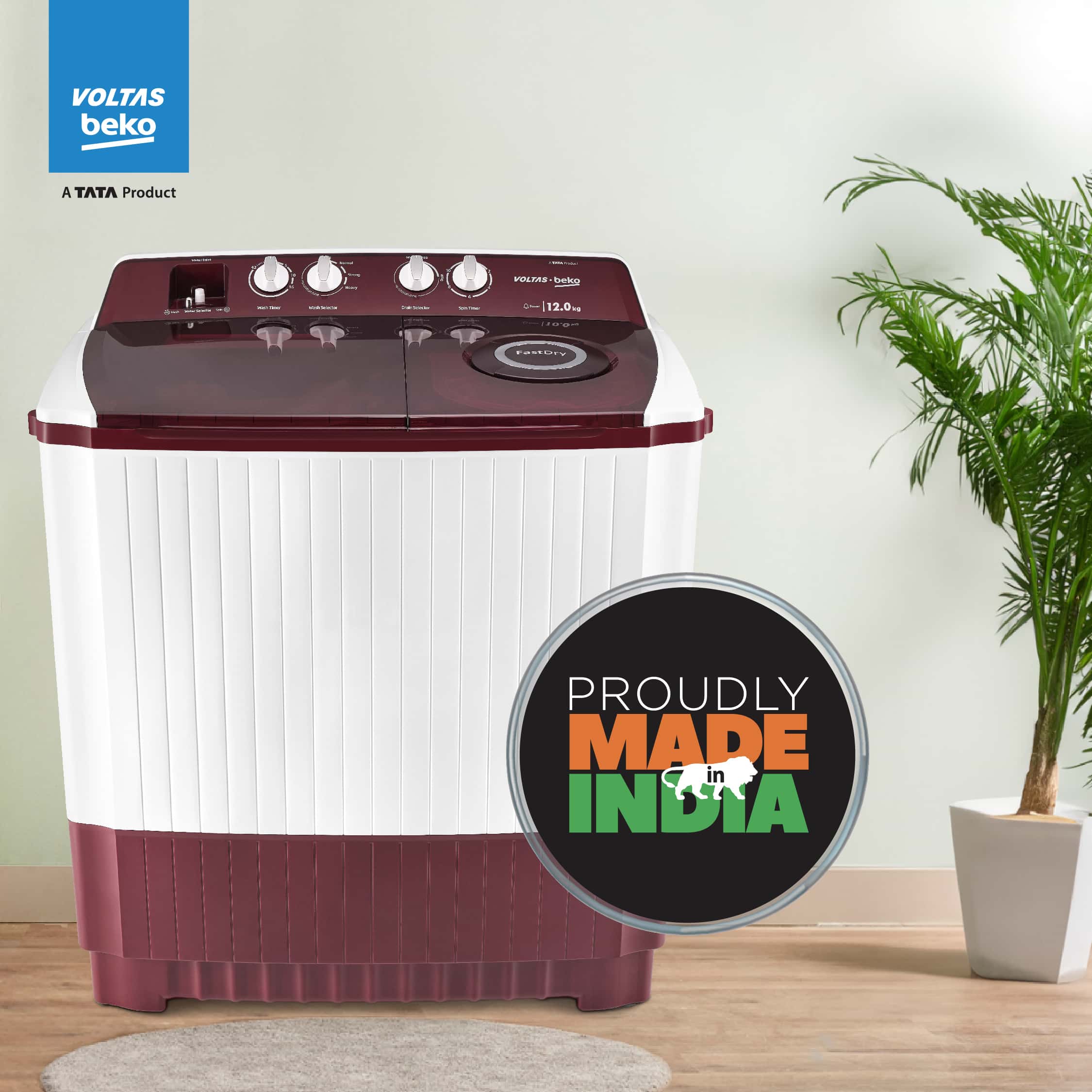 12 Kg 5 Star Semi Automatic Washing Machine (WTT120ABRT, Burgundy) , Voltas Beko, A Tata Product - Image 9