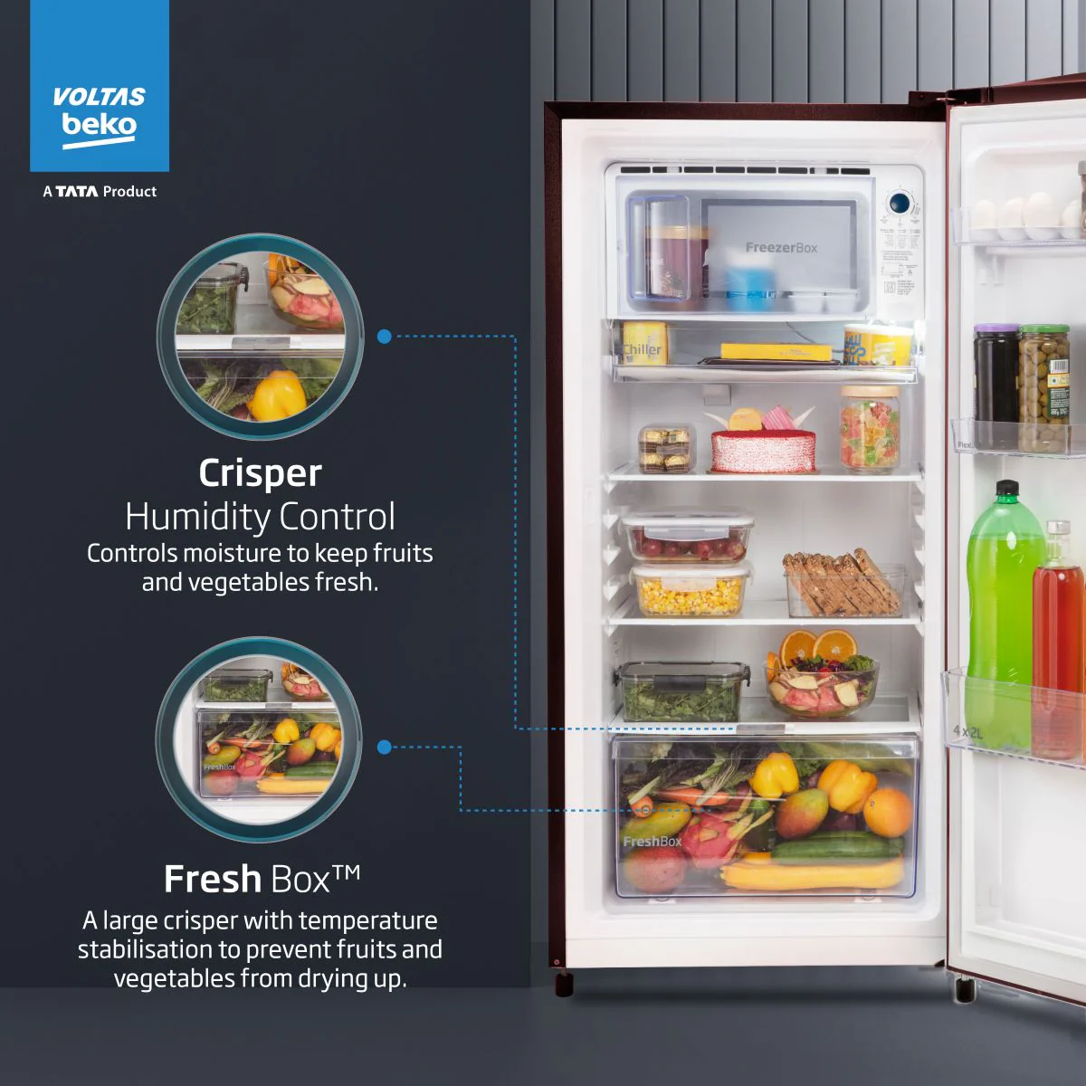 173 L 2 Star Direct cool Refrigerator Appliance (RDC205D / S0PWR0M0000GO, Peony Wine) , Voltas Beko, A Tata Product - Image 2
