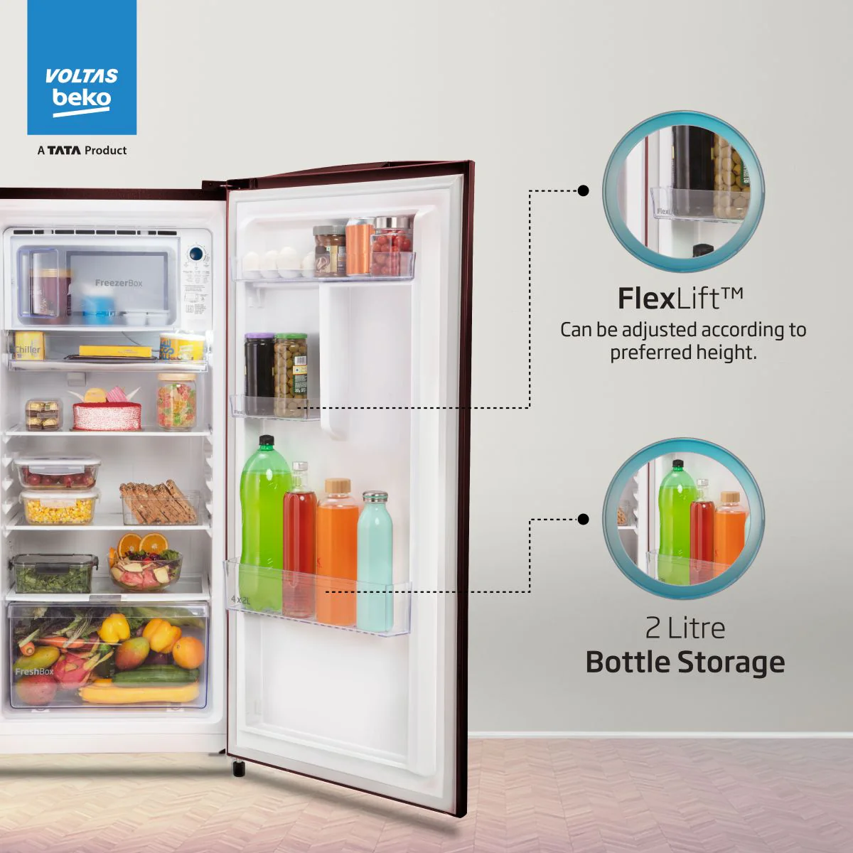 173 L 2 Star Direct cool Refrigerator Appliance (RDC205D / S0PWR0M0000GO, Peony Wine) , Voltas Beko, A Tata Product - Image 3