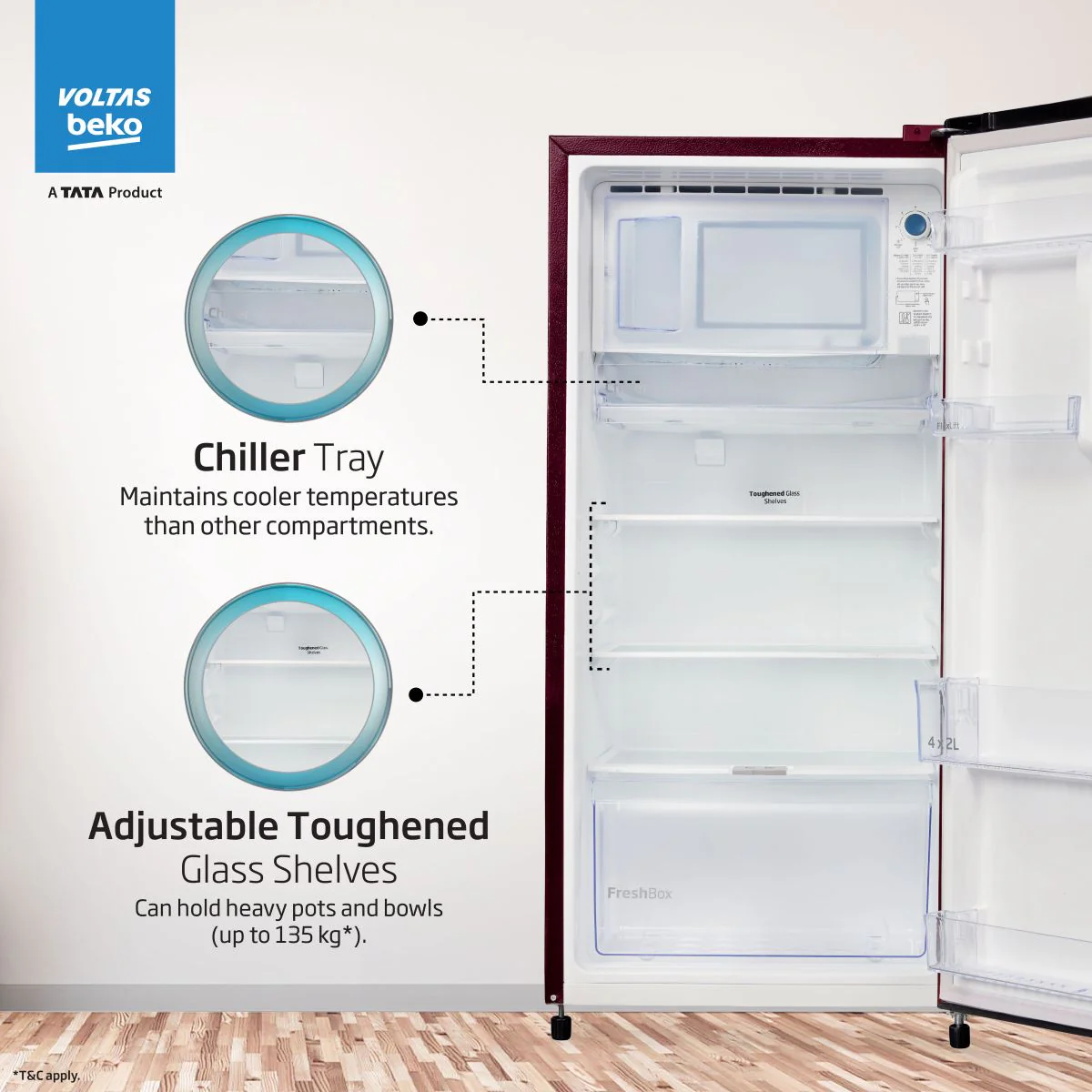 173 L 2 Star Direct cool Refrigerator Appliance (RDC205D / S0PWR0M0000GO, Peony Wine) , Voltas Beko, A Tata Product - Image 4