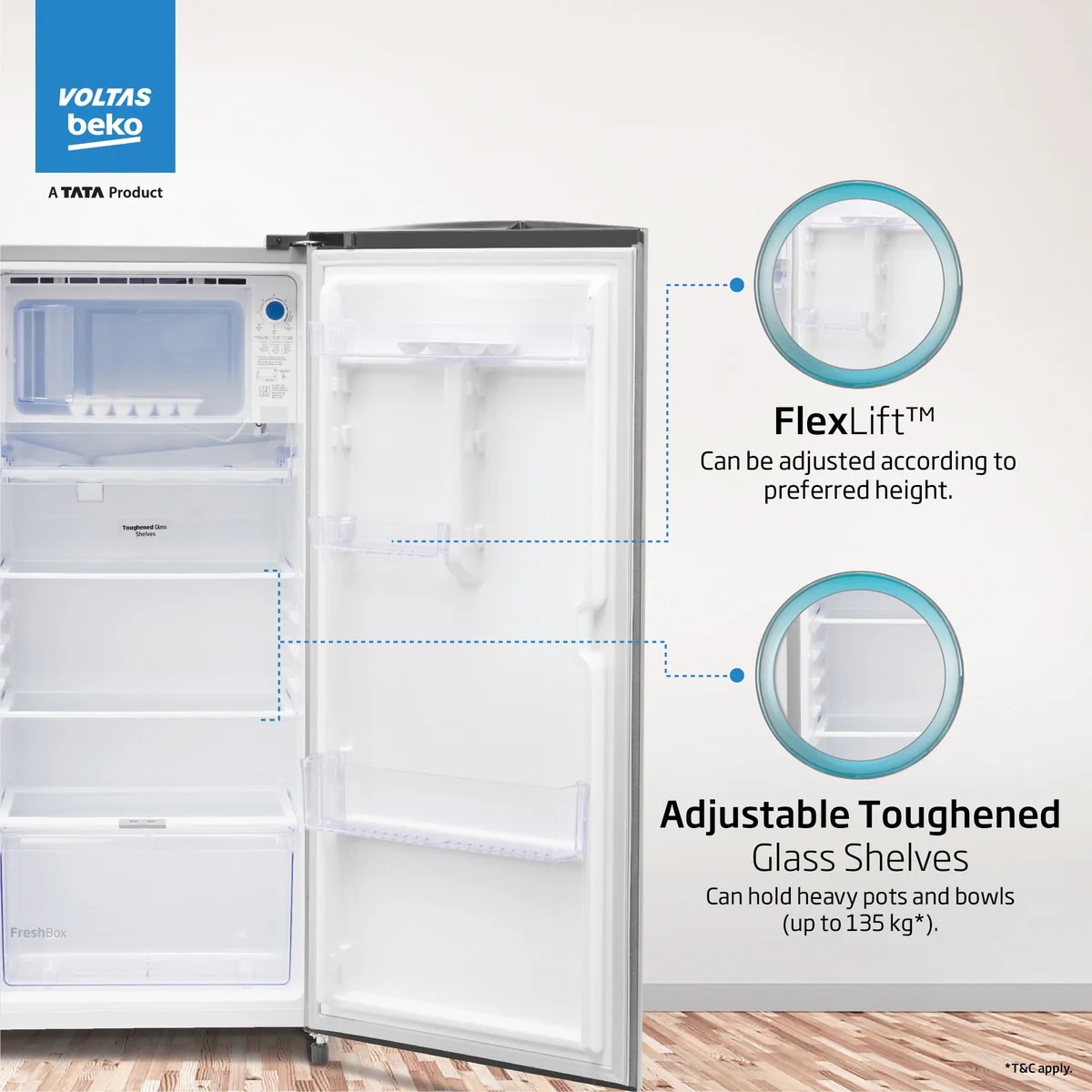 183 L 2 Star Direct Cool Single Door Refrigerator (RDC215D/S0XIR0M0000GO, Hairline Silver, With Fresh Box Technology and Chiller Zone) , Voltas Beko, A Tata Product - Image 5