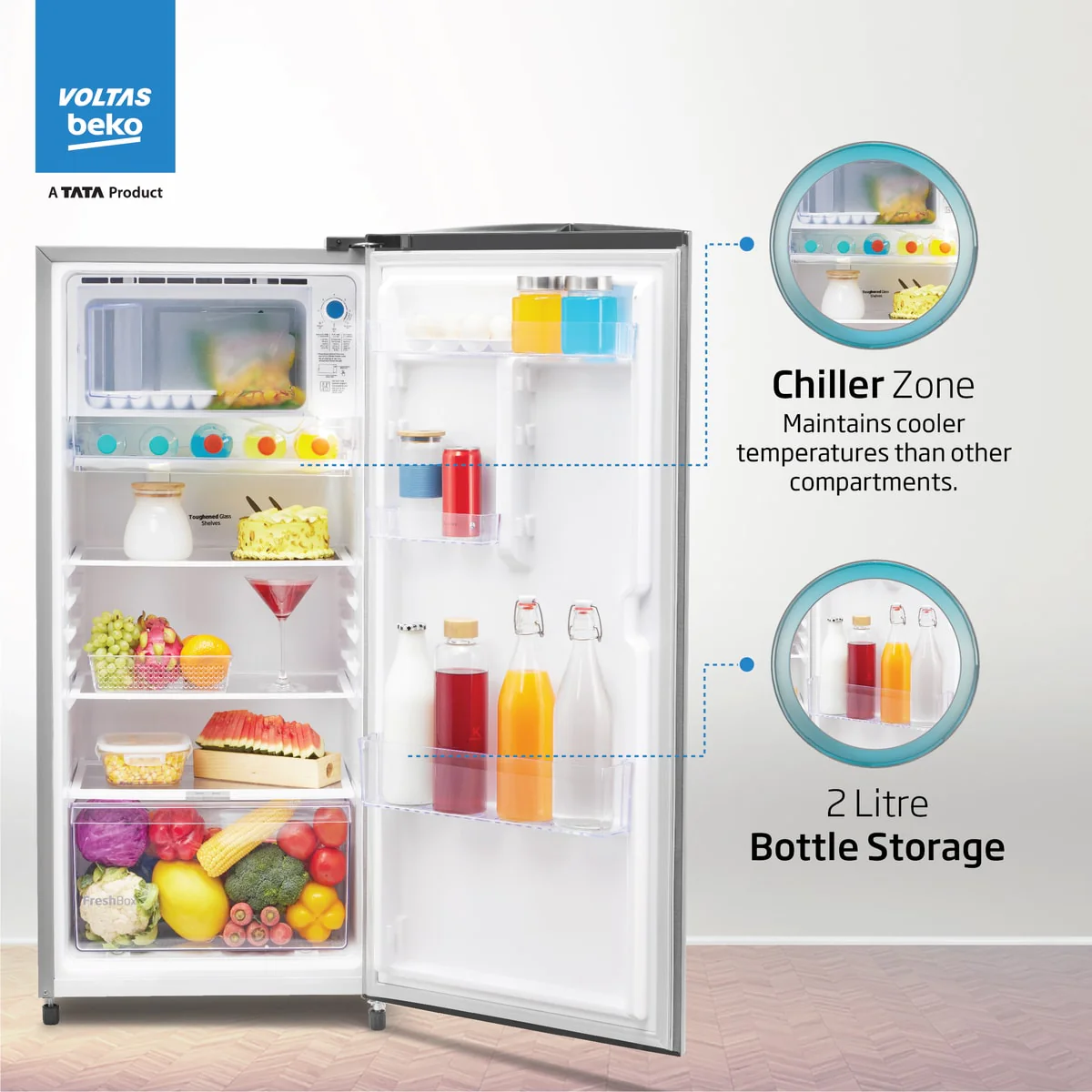 183 L 2 Star Direct Cool Single Door Refrigerator (RDC215D/S0XIR0M0000GO, Hairline Silver, With Fresh Box Technology and Chiller Zone) , Voltas Beko, A Tata Product - Image 6