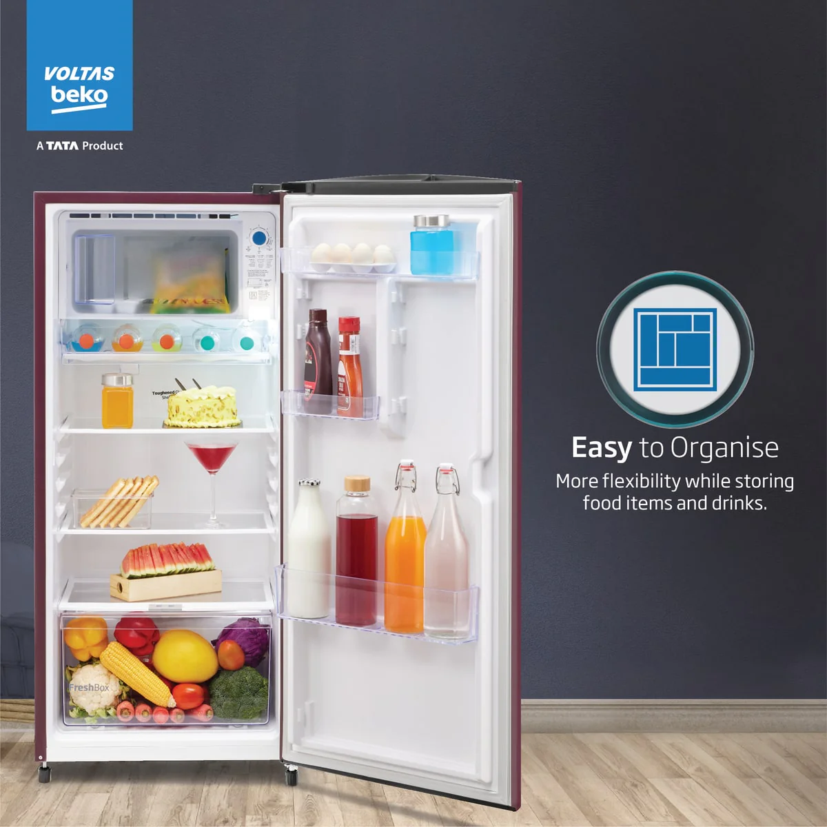 183 L 2 Star Direct Cool Single Door Refrigerator (RDC215D/S0XWR0M0000GO, Wine,Crisper Humidity Controller) , Voltas Beko, A Tata Product - Image 3