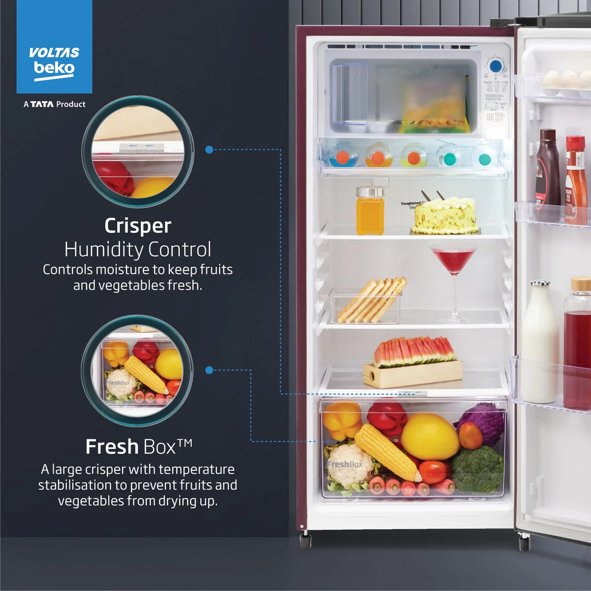 183 L 2 Star Direct Cool Single Door Refrigerator (RDC215D/S0XWR0M0000GO, Wine,Crisper Humidity Controller) , Voltas Beko, A Tata Product - Image 6