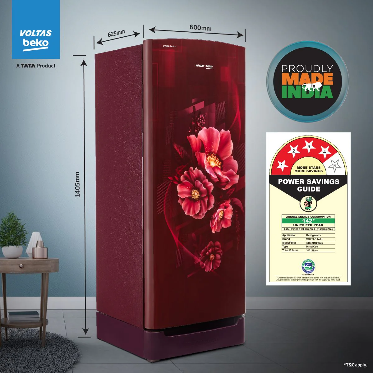 183 L 4 Star Direct Cool Single Door Refrigerator (RDC215B/W0BWR0M0B00GO, Bonita Wine, Fresh Box Technology, with Base Drawer) , Voltas Beko, A Tata Product - Image 5