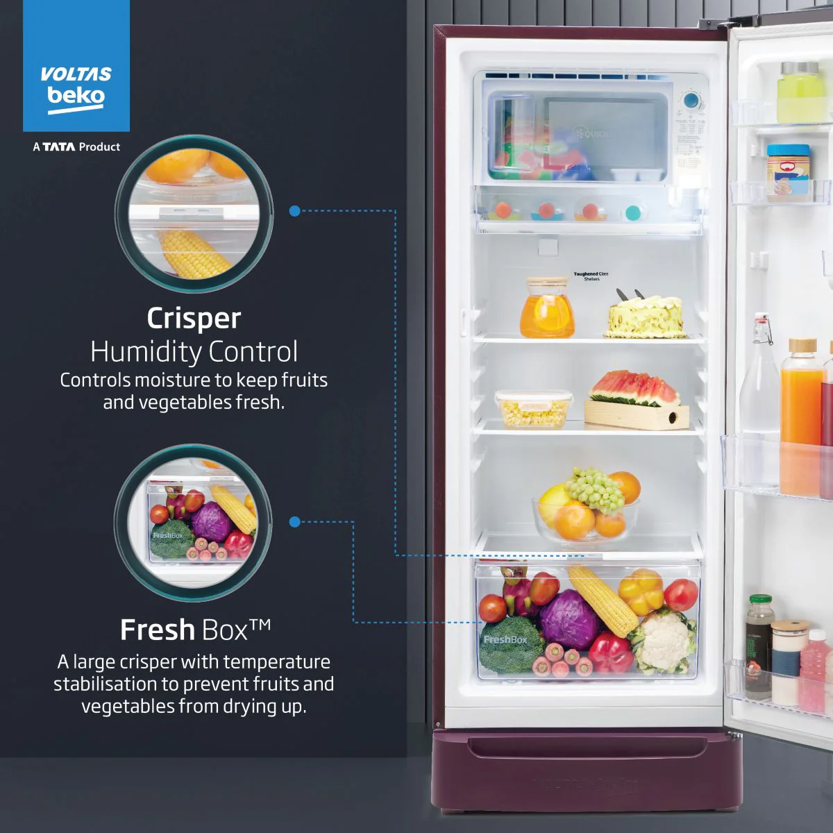 183 L 4 Star Direct Cool Single Door Refrigerator (RDC215B/W0BWR0M0B00GO, Bonita Wine, Fresh Box Technology, with Base Drawer) , Voltas Beko, A Tata Product - Image 7