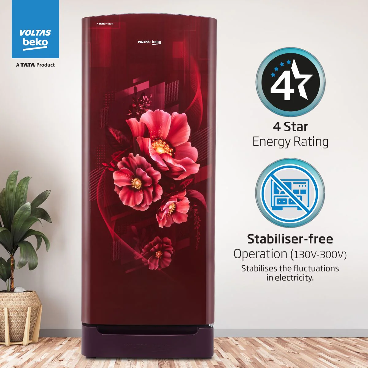 183 L 4 Star Direct Cool Single Door Refrigerator (RDC215B/W0BWR0M0B00GO, Bonita Wine, Fresh Box Technology, with Base Drawer) , Voltas Beko, A Tata Product - Image 9
