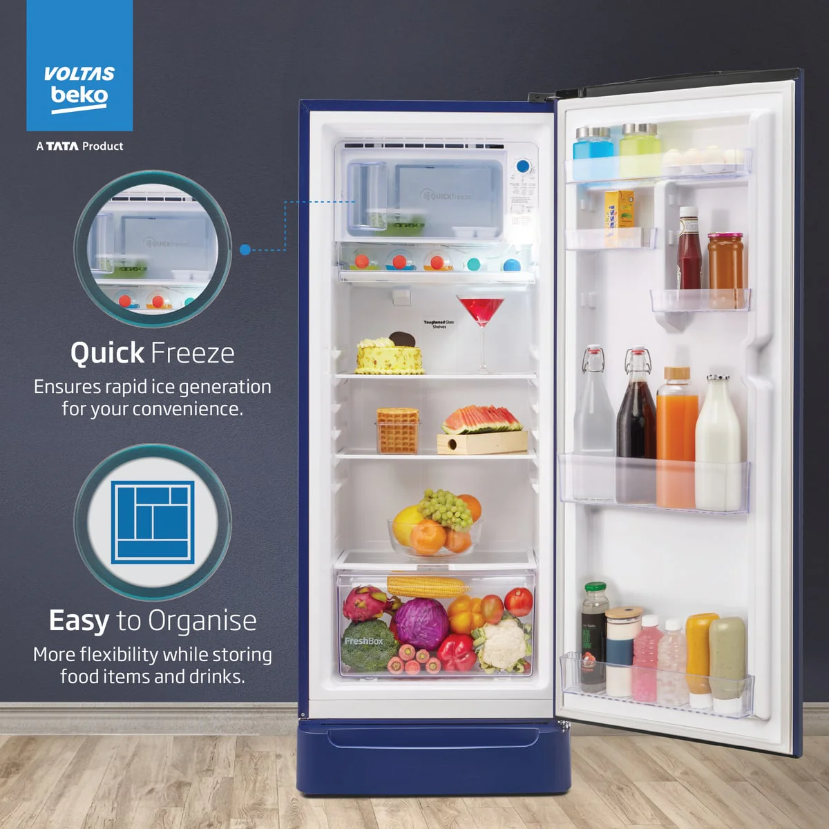 183 L 5 Star Direct Cool Single Door Refrigerator (RDC215A / W0BBRTM0000GO, Bonita Blue, Fresh Box Technology, with Quick Frezze) , Voltas Beko, A Tata Product - Image 4