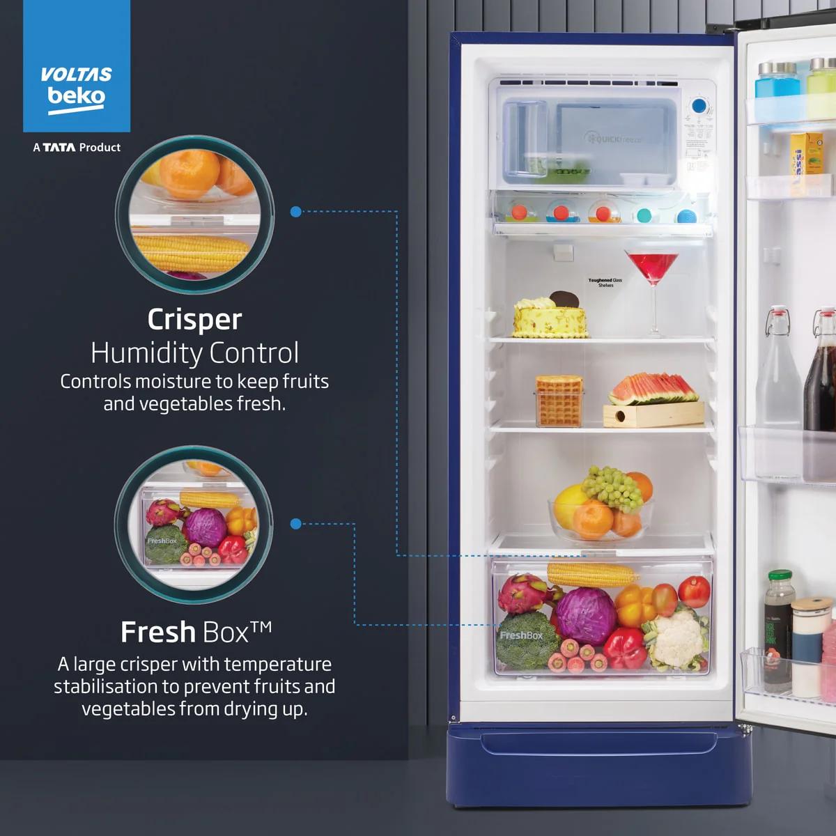 183 L 5 Star Direct Cool Single Door Refrigerator (RDC215A / W0BBRTM0000GO, Bonita Blue, Fresh Box Technology, with Quick Frezze) , Voltas Beko, A Tata Product - Image 8