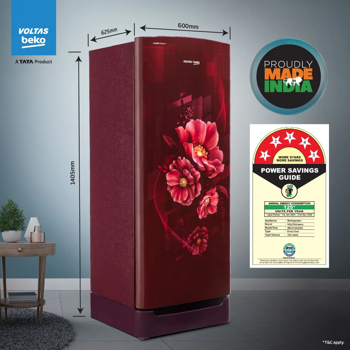 183 L 5 Star Direct Cool Single Door Refrigerator (RDC215A/W0BWRTM0B00GO, Bonita Wine, Fresh Box and Quick Freeze Technology, with Base Drawer) , Voltas Beko, A Tata Product - Image 4