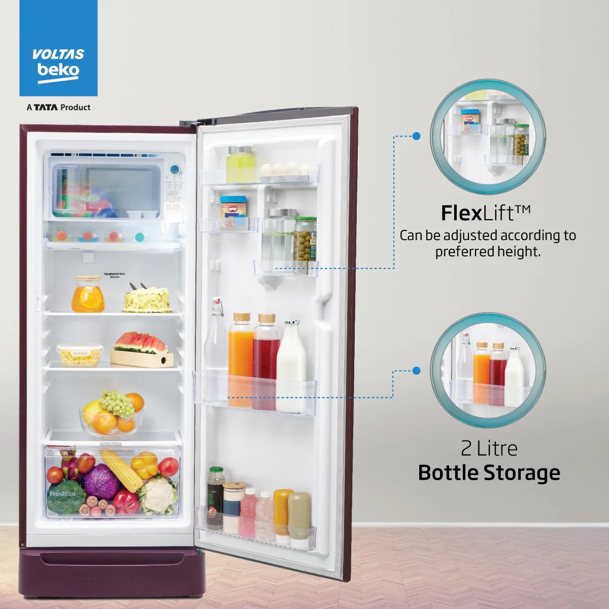183 L 5 Star Direct Cool Single Door Refrigerator (RDC215A/W0BWRTM0B00GO, Bonita Wine, Fresh Box and Quick Freeze Technology, with Base Drawer) , Voltas Beko, A Tata Product - Image 5