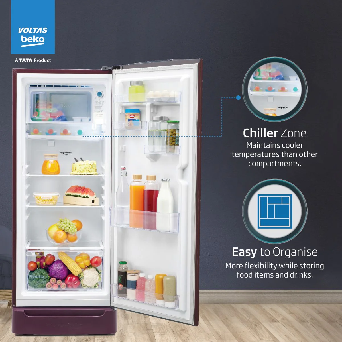 183 L 5 Star Direct Cool Single Door Refrigerator (RDC215A/W0BWRTM0B00GO, Bonita Wine, Fresh Box and Quick Freeze Technology, with Base Drawer) , Voltas Beko, A Tata Product - Image 7