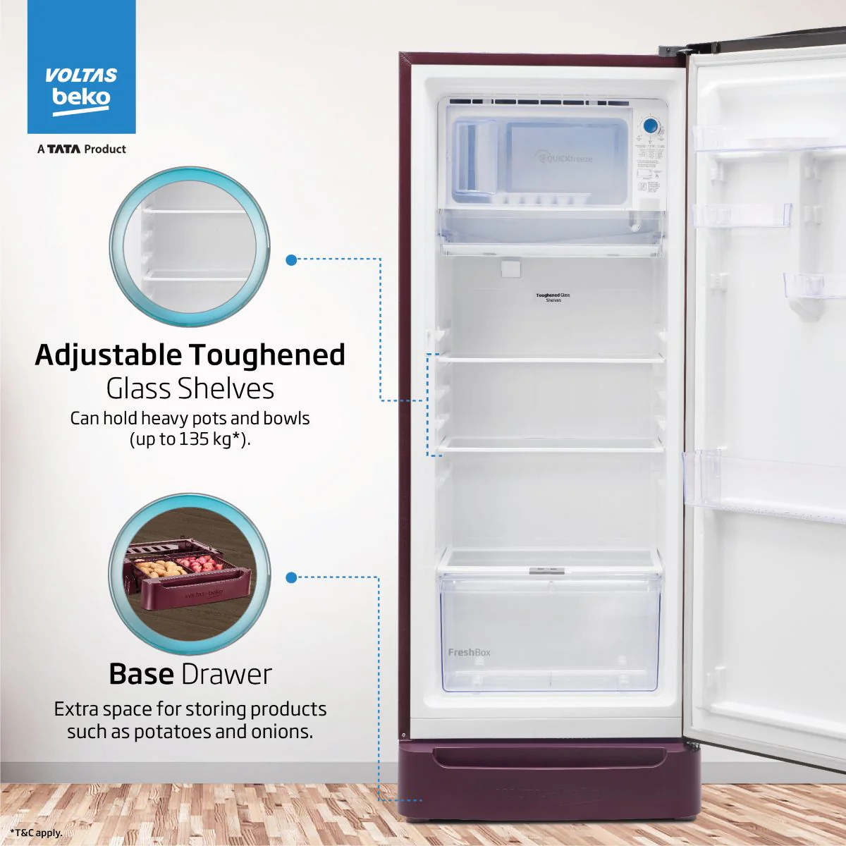 208 L 3 Star Direct Cool Single Door Refrigerator (RDC240C/W0BWR0M0B00GO, Bonita Wine, With Fresh Box Technology, Chiller Zone and Base Drawer) , Voltas Beko, A Tata Product - Image 4