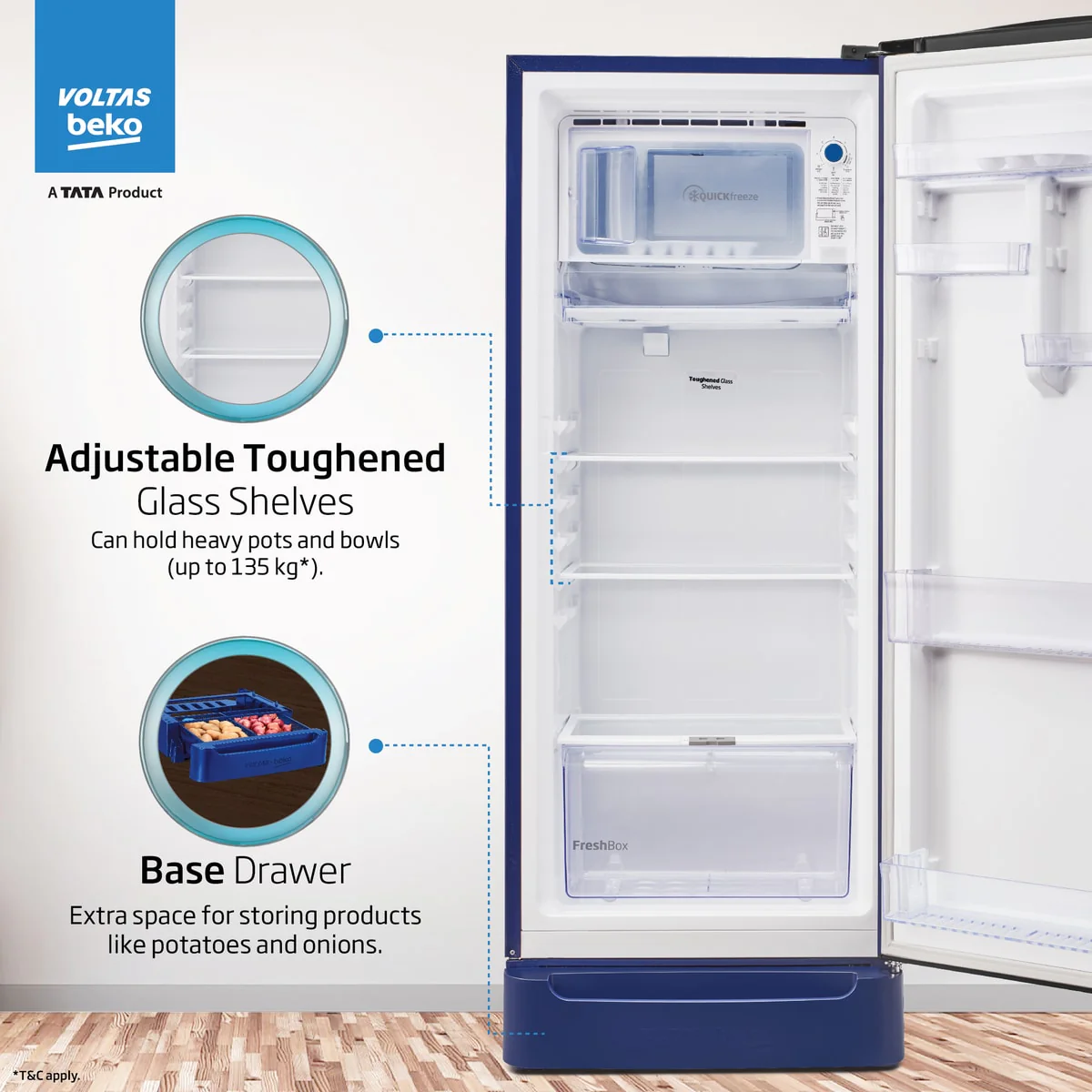 228 L 5 Star Direct Cool Single Door Refrigerator (RDC260A/W0BBRTM0B00GO, Bonita Blue, With Fresh Box Technology, Quick Frezze, Chiller Zone and Base Drawer) , Voltas Beko, A Tata Product - Image 4