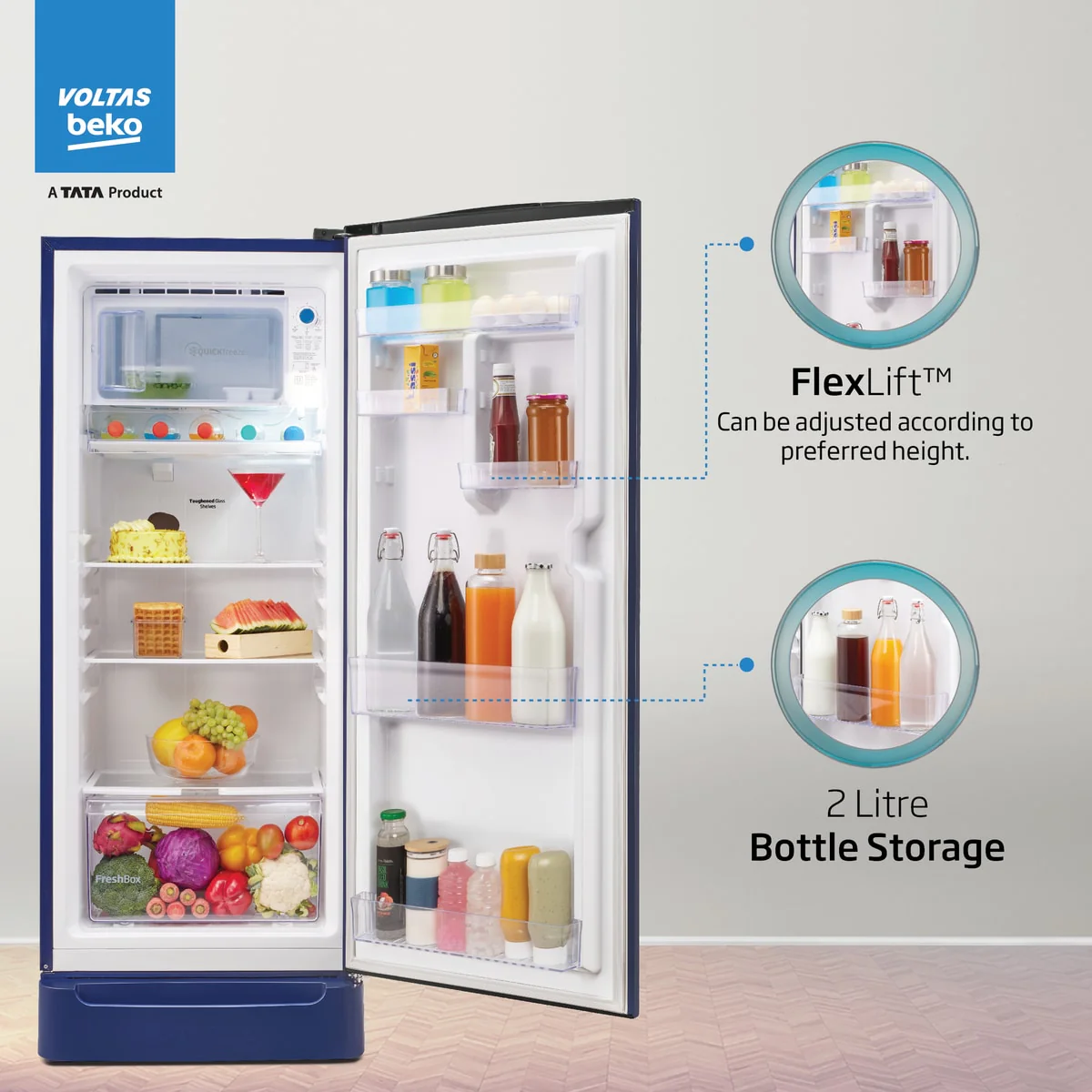 228 L 5 Star Direct Cool Single Door Refrigerator (RDC260A/W0BBRTM0B00GO, Bonita Blue, With Fresh Box Technology, Quick Frezze, Chiller Zone and Base Drawer) , Voltas Beko, A Tata Product - Image 5