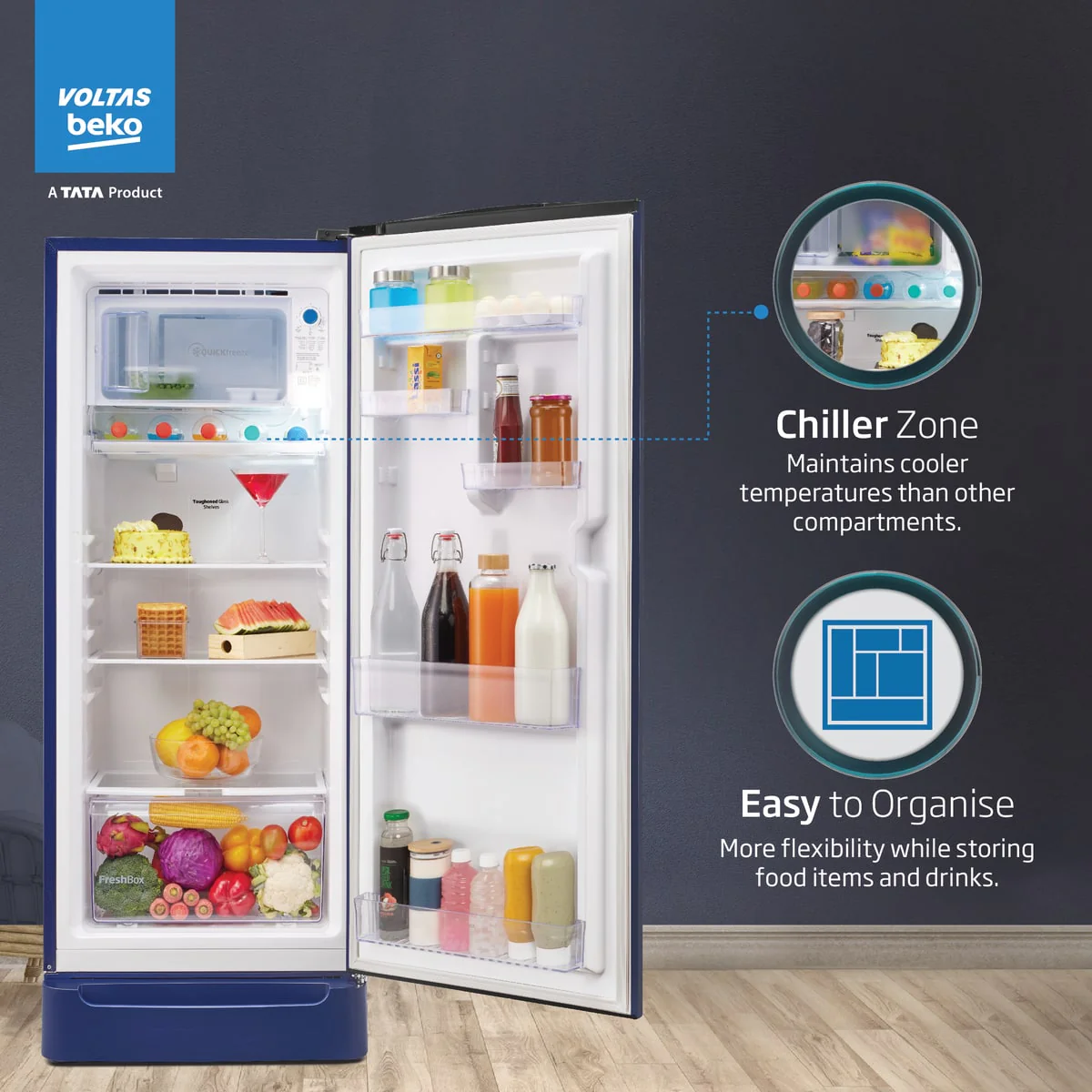 228 L 5 Star Direct Cool Single Door Refrigerator (RDC260A/W0BBRTM0B00GO, Bonita Blue, With Fresh Box Technology, Quick Frezze, Chiller Zone and Base Drawer) , Voltas Beko, A Tata Product - Image 7