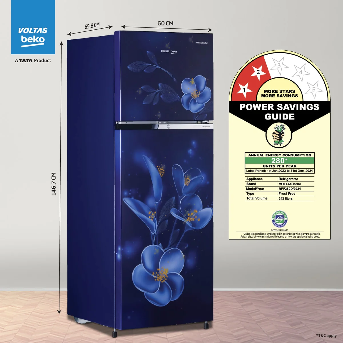 243 L 2 Star Double Door Refrigerator (RFF280D/WPV100RMBO, Moonlight Blue) , Voltas Beko, A Tata Product - Image 4