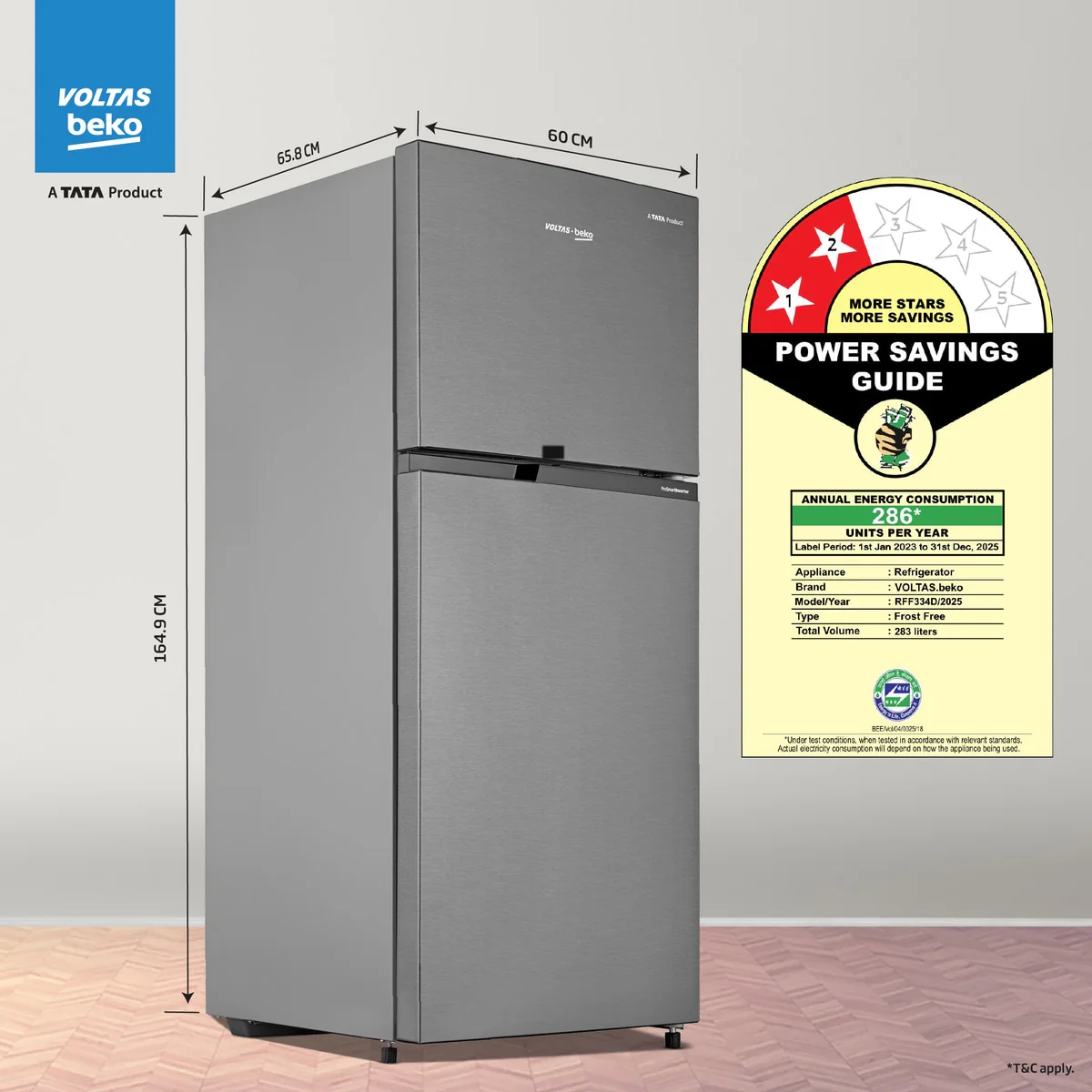 283 L 2 Star Frost Free Inverter Double-Door Refrigerator (RFF334D/WPV100RXID, Brushed Silver, with NeoFrost Dual Cooling Technology) , Voltas Beko, A Tata Product - Image 4