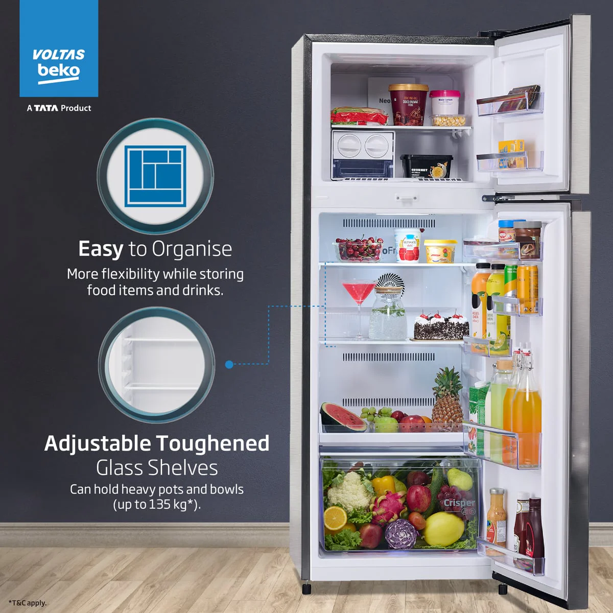 283 L 2 Star Frost Free Inverter Double-Door Refrigerator (RFF334D/WPV100RXID, Brushed Silver, with NeoFrost Dual Cooling Technology) , Voltas Beko, A Tata Product - Image 5