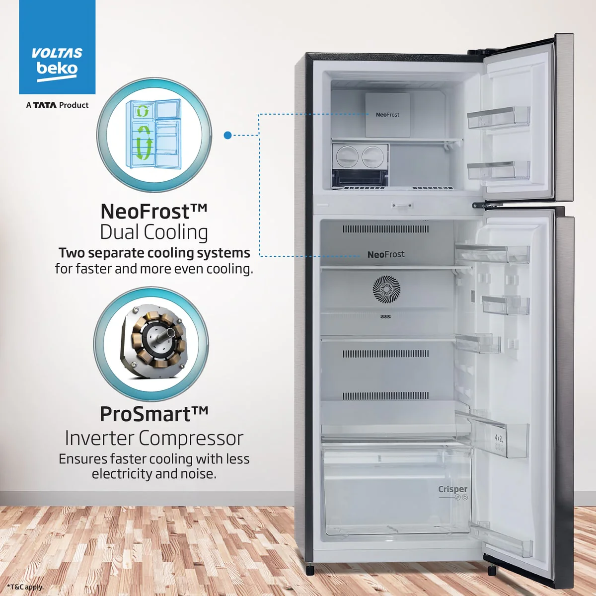 283 L 2 Star Frost Free Inverter Double-Door Refrigerator (RFF334D/WPV100RXID, Brushed Silver, with NeoFrost Dual Cooling Technology) , Voltas Beko, A Tata Product - Image 6
