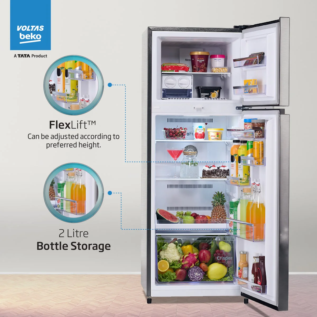 283 L 2 Star Frost Free Inverter Double-Door Refrigerator (RFF334D/WPV100RXID, Brushed Silver, with NeoFrost Dual Cooling Technology) , Voltas Beko, A Tata Product - Image 8