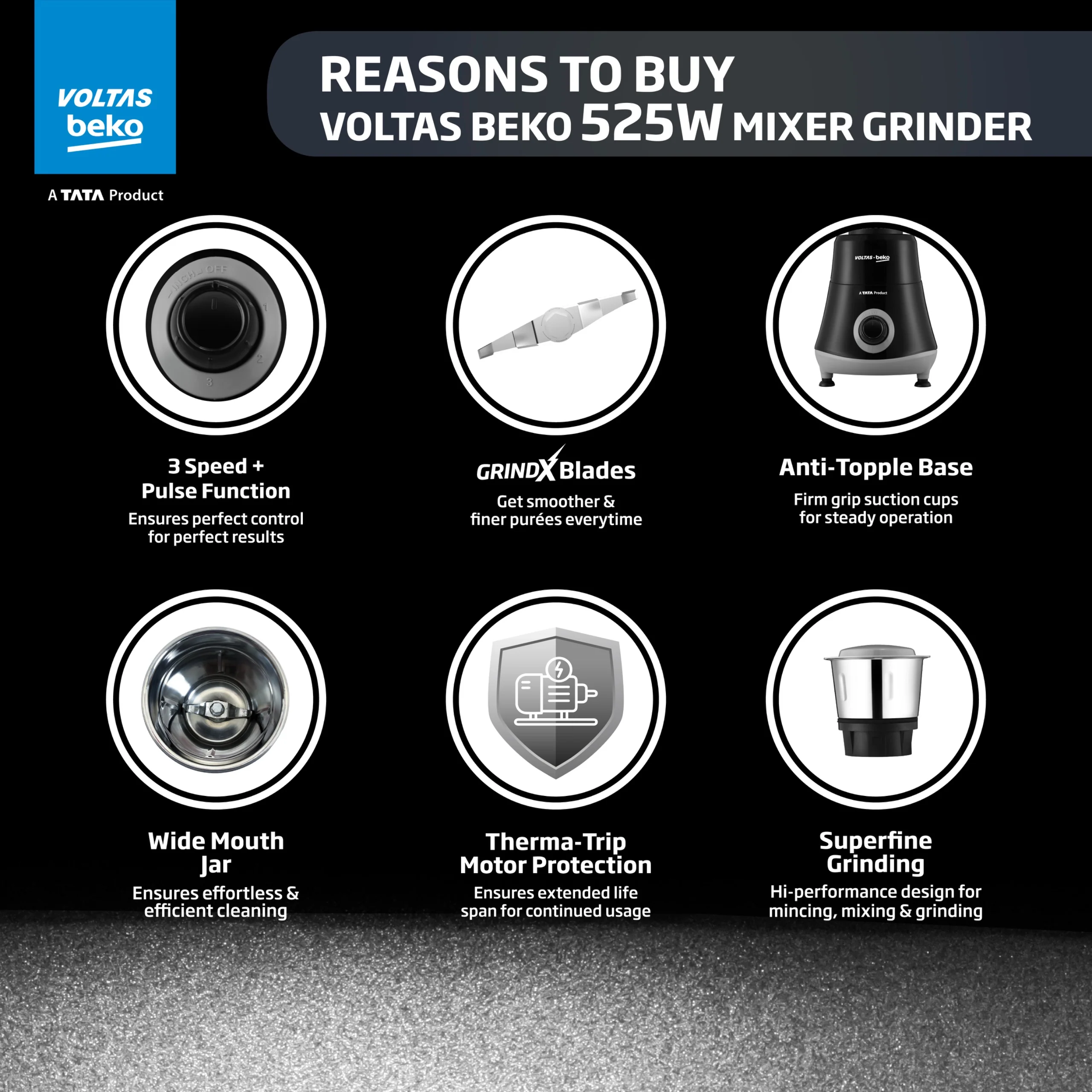 525 W Mixer Grinder (G5253HP-BG | 3 Jars | Black & Grey, with GrindX Technology) , Voltas Beko, A Tata Product - Image 3