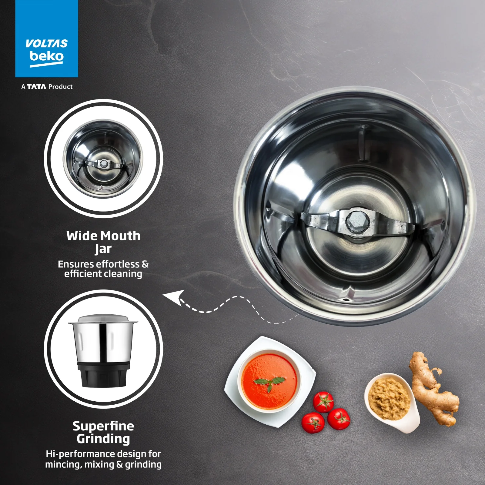 525 W Mixer Grinder (G5253HP-BG | 3 Jars | Black & Grey, with GrindX Technology) , Voltas Beko, A Tata Product - Image 6