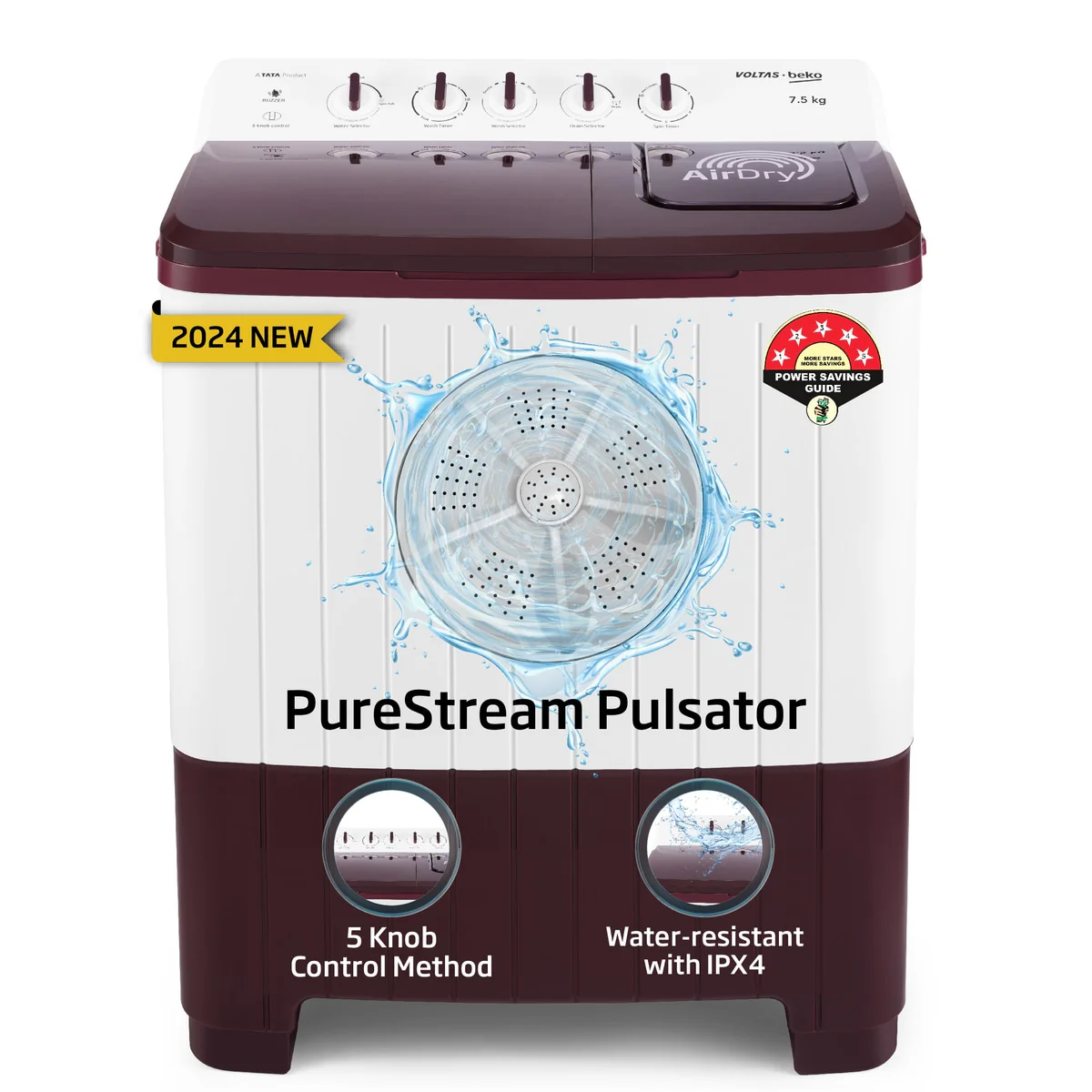 7.5 Kg 5 Star Semi-Automatic Top Loading Washing Machine (WTT75UHA/OK5R0R0W01, Burgundy, Air Dry & Pulsator wash technology) , Voltas Beko, A Tata Product - Image 16