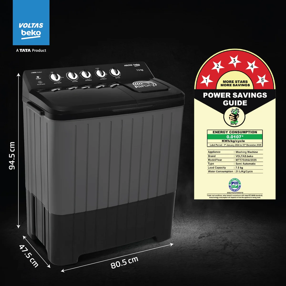 7.5 Kg 5 Star Semi Automatic Washing Machine (WTT75UHA/OK5B1B1S21, Black) , Voltas Beko, A Tata Product - Image 3