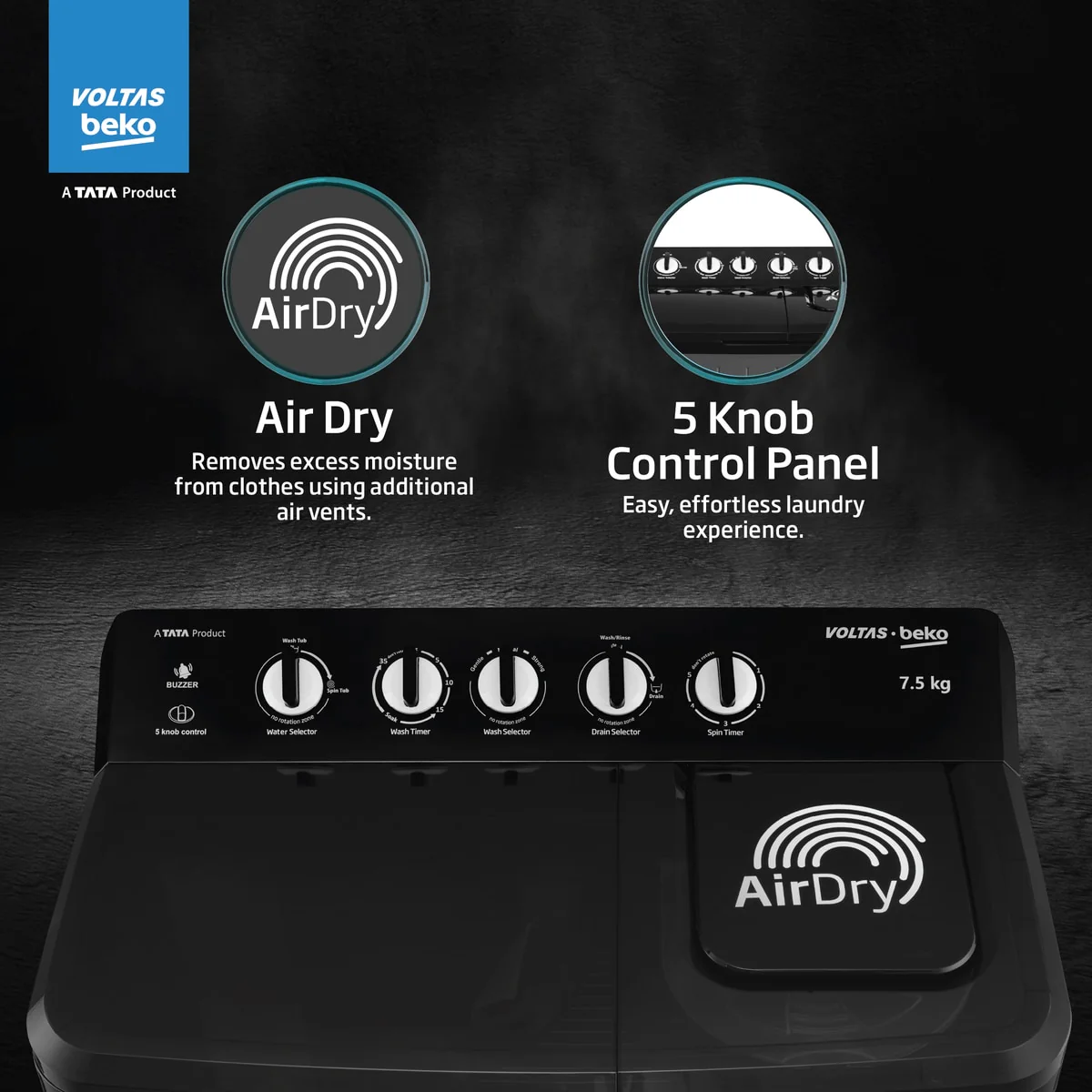 7.5 Kg 5 Star Semi Automatic Washing Machine (WTT75UHA/OK5B1B1S21, Black) , Voltas Beko, A Tata Product - Image 4