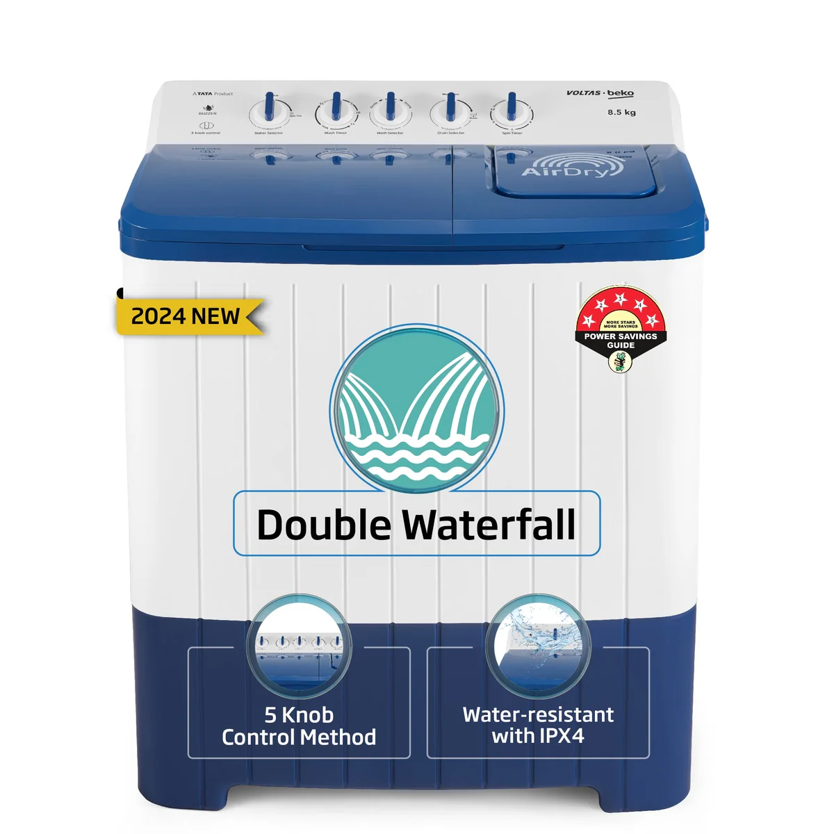8.5 Kg 5 Star Semi-Automatic Top Loading Washing Machine (WTT85UHA/OK5I0I0W01, Blue, Air Dry & Pulsator wash technology) , Voltas Beko, A Tata Product