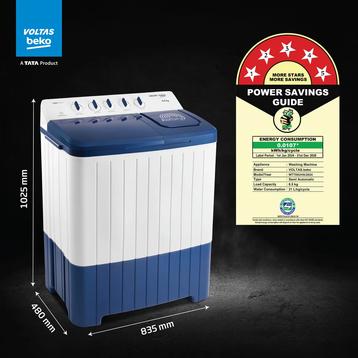 8.5 Kg 5 Star Semi-Automatic Top Loading Washing Machine (WTT85UHA/OK5I0I0W01, Blue, Air Dry & Pulsator wash technology) , Voltas Beko, A Tata Product - Image 7