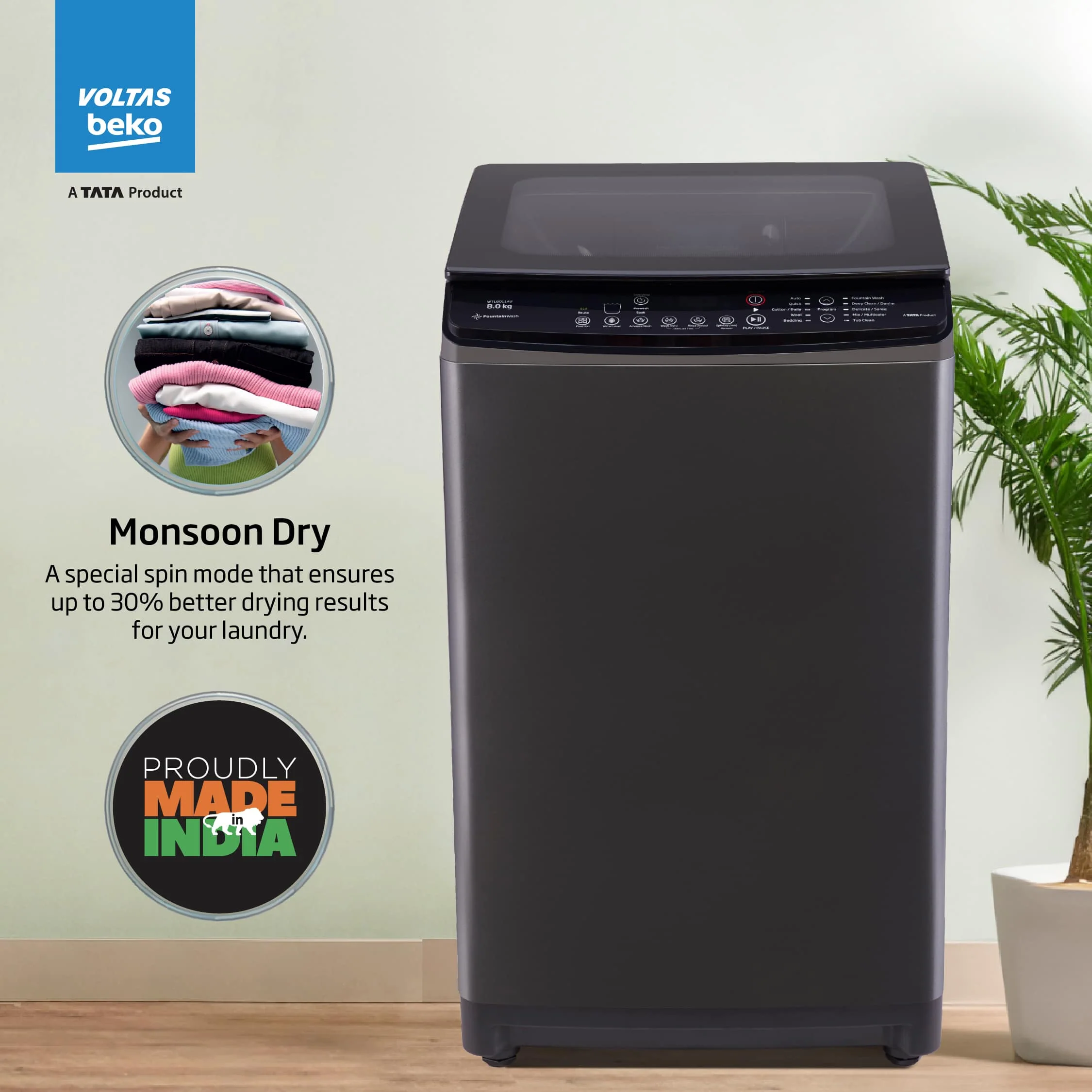 8 Kg 5 Star Fully Automatic Top Load Washing Machine (WTL8011AU, Aqua Wave Drum, Grey) , Voltas Beko, A Tata Product - Image 4