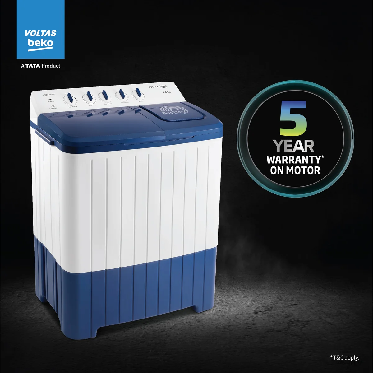 8 Kg 5 Star Semi-automatic Top Load Washing Machine (WTT80UHA / OK5I0I0W01E, Blue, 5 Knob Control Method, with Double Waterfall Technology) , Voltas Beko, A Tata Product - Image 10