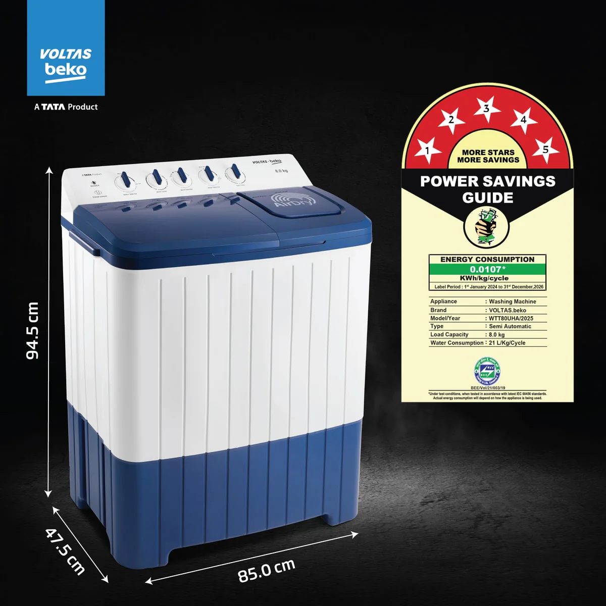 8 Kg 5 Star Semi-automatic Top Load Washing Machine (WTT80UHA / OK5I0I0W01E, Blue, 5 Knob Control Method, with Double Waterfall Technology) , Voltas Beko, A Tata Product - Image 4