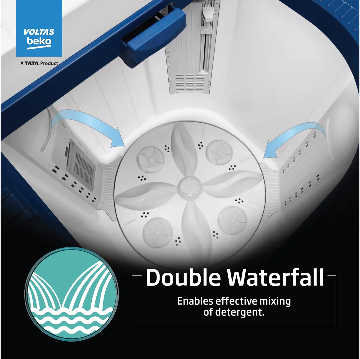 8 Kg 5 Star Semi-automatic Top Load Washing Machine (WTT80UHA / OK5I0I0W01E, Blue, 5 Knob Control Method, with Double Waterfall Technology) , Voltas Beko, A Tata Product - Image 5
