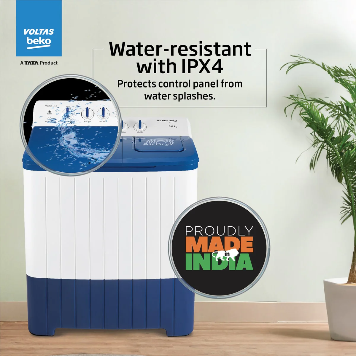 8 Kg 5 Star Semi-automatic Top Load Washing Machine (WTT80UHA / OK5I0I0W01E, Blue, 5 Knob Control Method, with Double Waterfall Technology) , Voltas Beko, A Tata Product - Image 6