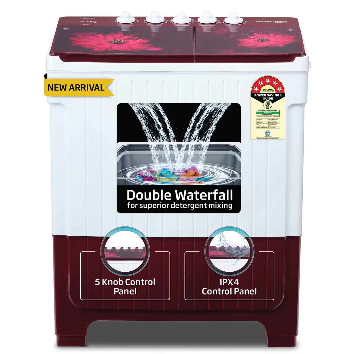 9.5 Kg Semi Automatic Washing Machine (WTT95UA,Burgundy) , Voltas Beko, A Tata Product