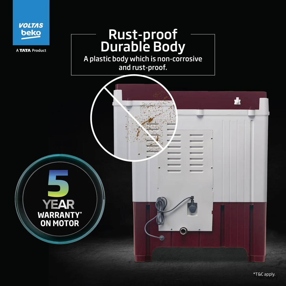 9.5 Kg Semi Automatic Washing Machine (WTT95UA,Burgundy) , Voltas Beko, A Tata Product - Image 9