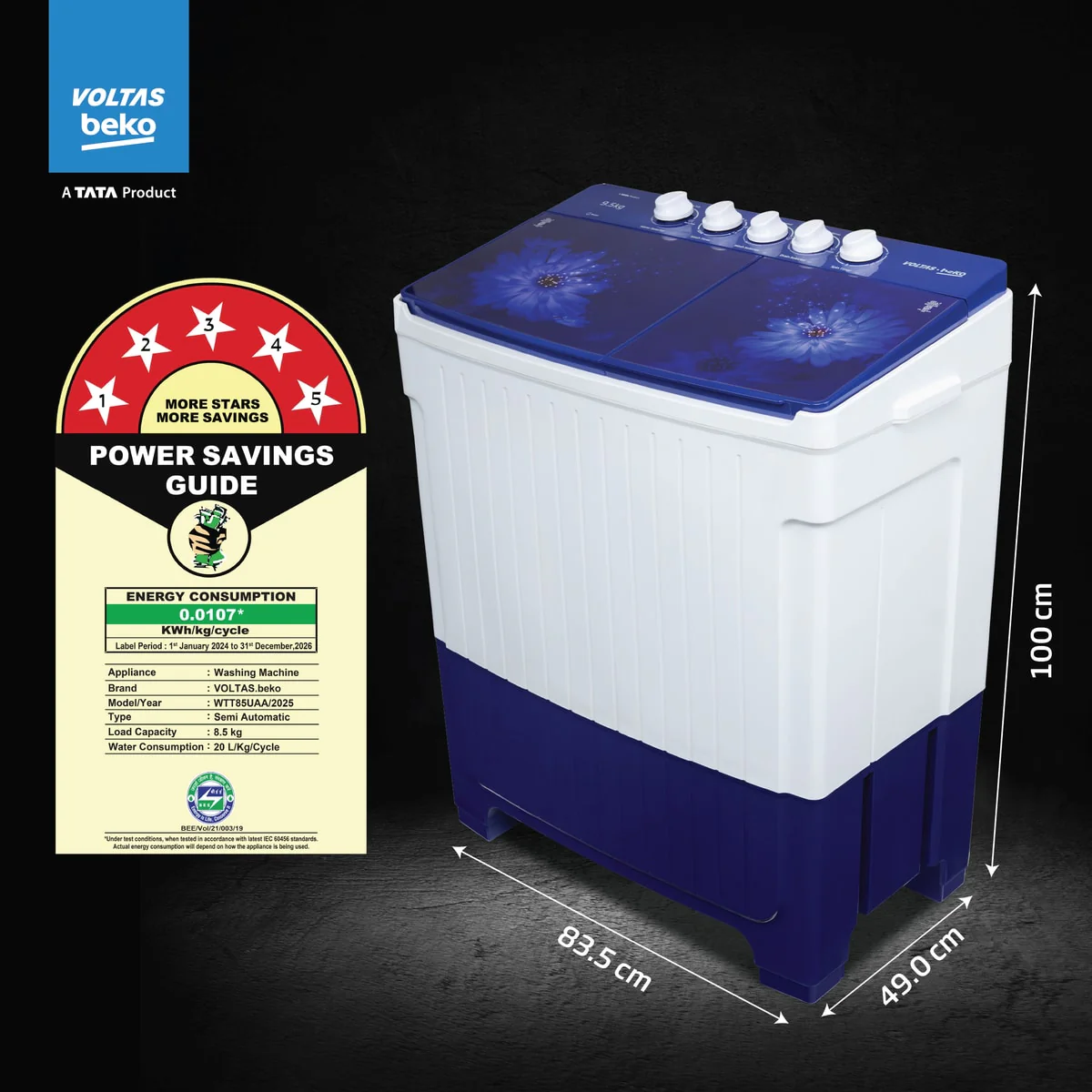9.5 Kg Semi Automatic Washing Machine ( WTT95UAA ,Blue) , Voltas Beko, A Tata Product - Image 4