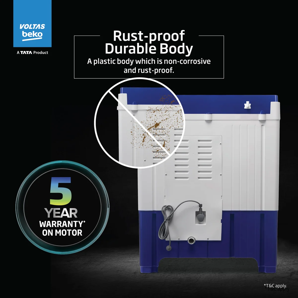 9.5 Kg Semi Automatic Washing Machine ( WTT95UAA ,Blue) , Voltas Beko, A Tata Product - Image 9
