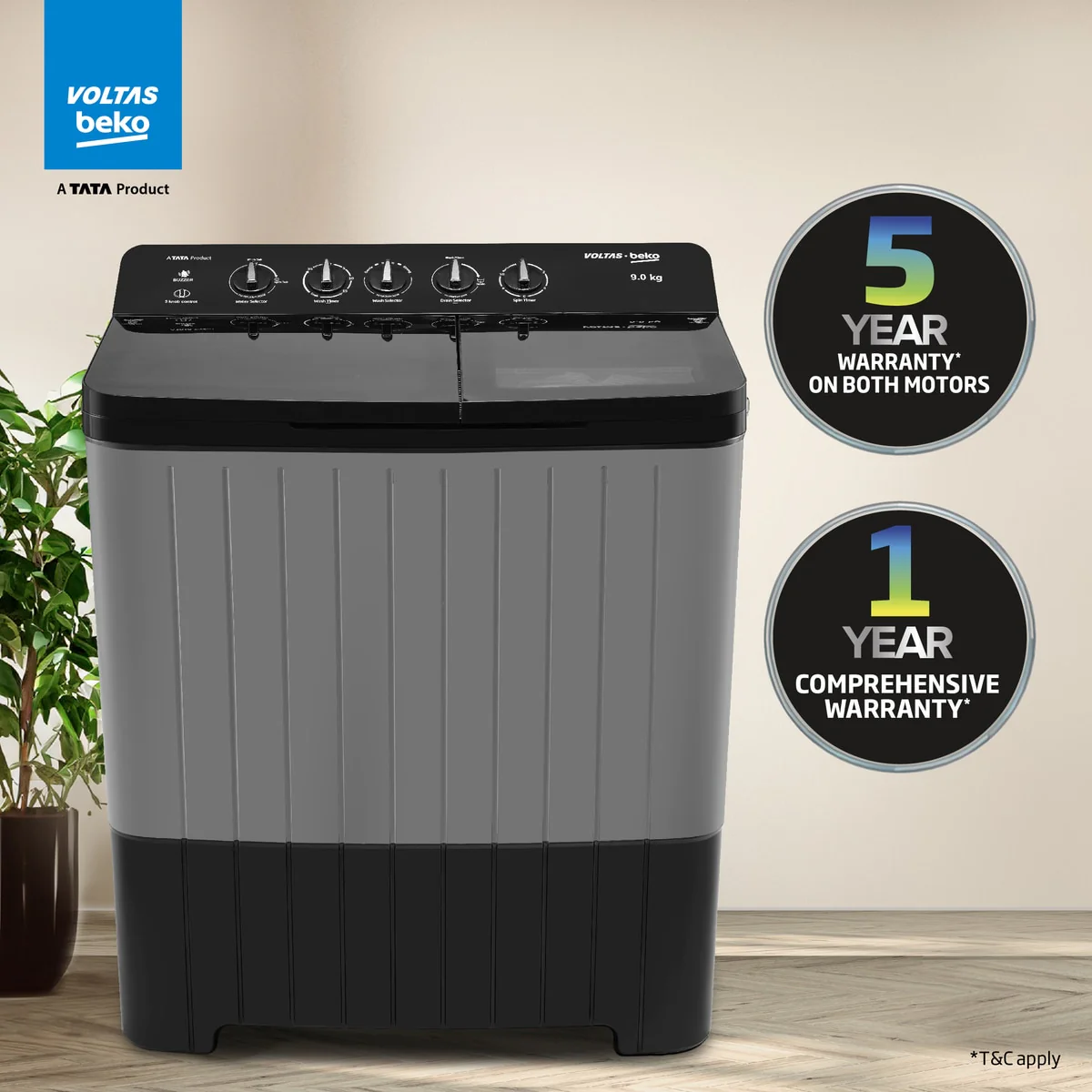 9 Kg 5 Star Semi Automatic Top Load Washing Machine Black (WTT90UHA/OK5B1B1S26,Grey ) , Voltas Beko, A Tata Product - Image 10