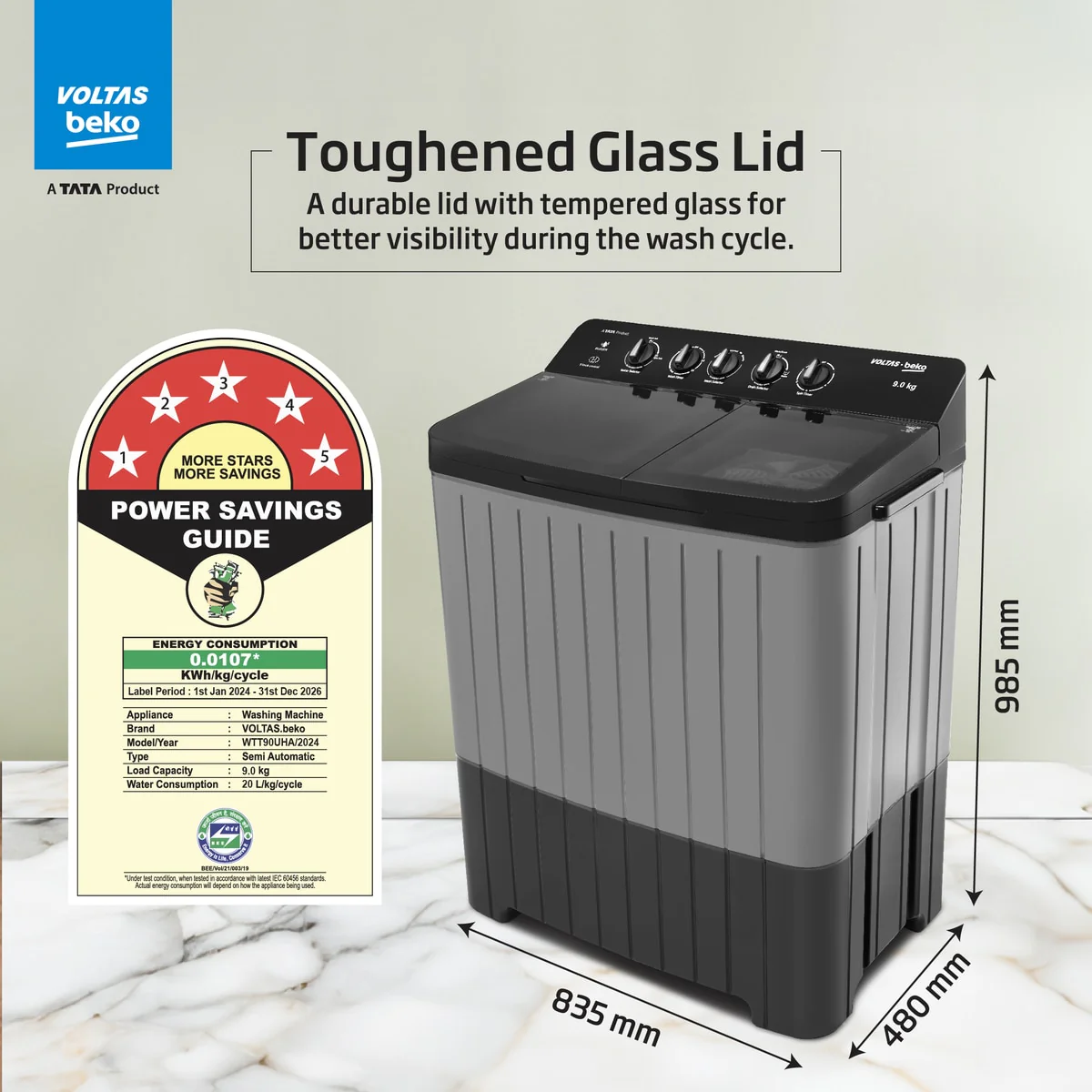 9 Kg 5 Star Semi Automatic Top Load Washing Machine Black (WTT90UHA/OK5B1B1S26,Grey ) , Voltas Beko, A Tata Product - Image 4